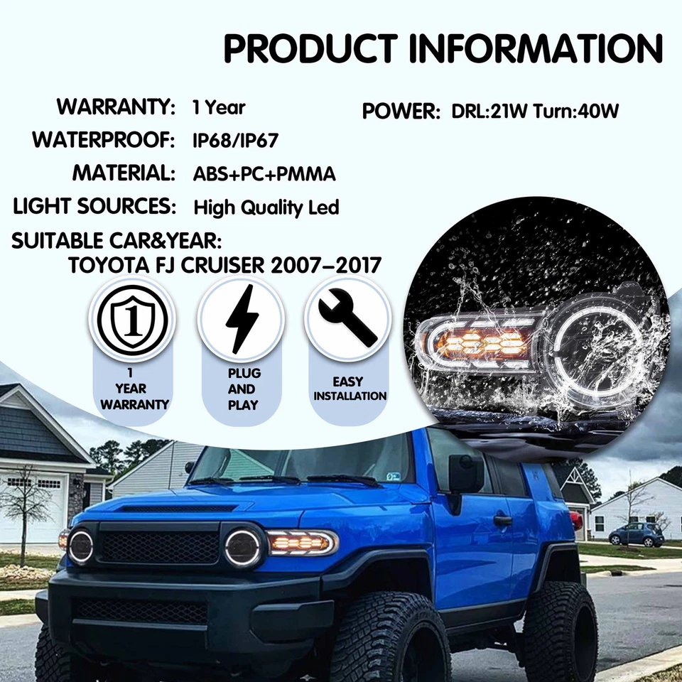 VLAND LED Headlights Startup Animation-Projector For Toyota FJ Cruiser 2007-2017 - Image 3 of 4