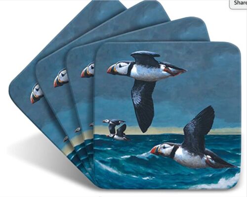 Puffins Flying Drinks Coasters by Wildlife Artist Julian Friers - Set of 4 - Picture 1 of 2