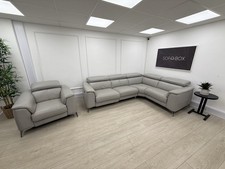 DFS Tahiti Leather Power Recliner Corner Sofa & Armchair Set In Light Grey