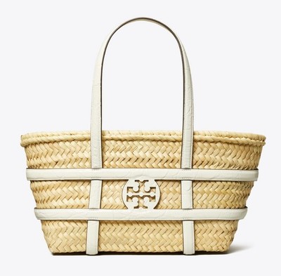 NWT TORY BURCH Small Ella Croc-Embossed Logo Straw Basket Tote