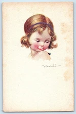c1910's Cute Little Girl Curly Hair With Fly Signed Artist Antique Postcard