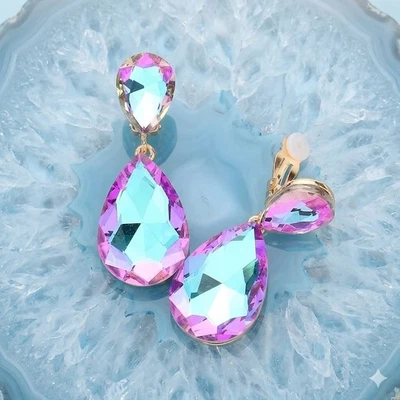 Iridescent Crystal Teardrop Clip On Earrings Double Drop Statement Evening Jewel - Image 1 of 2