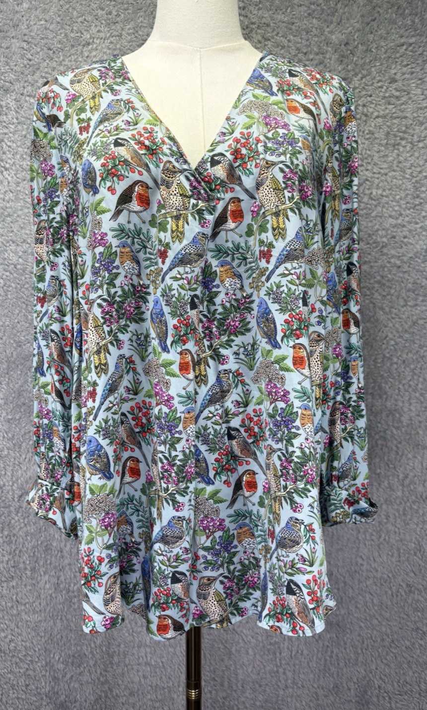 J Jill Perched Birds Popover Blouse Women M Floral Print 3/4 Sleeve Top Novelty