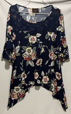 AMANA Navy Floral Lace Ruffle Sleeve Knit Tunic Pullover Round Neck Plus 1X
