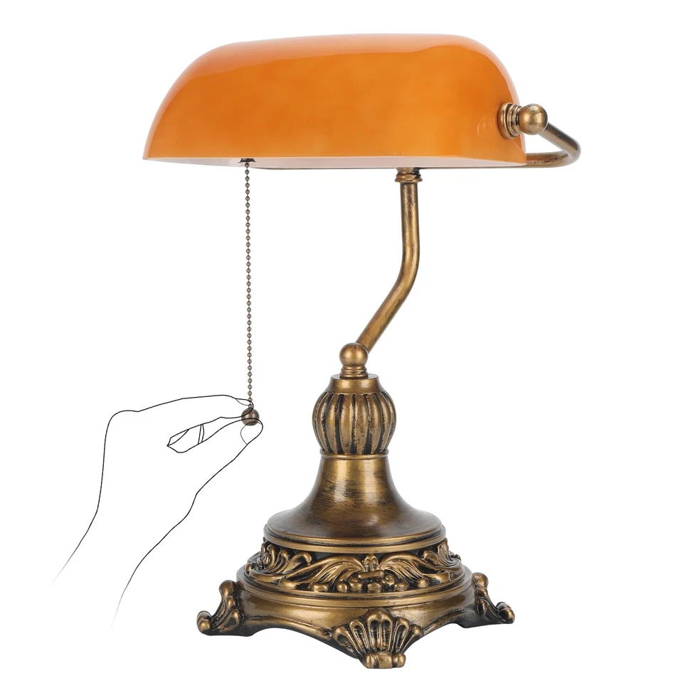 Lâmpada Bankers com interruptor de puxar, abajur de mesa de vidro âmbar com fi retrô preto/dourado... - Imagem 2 de 4