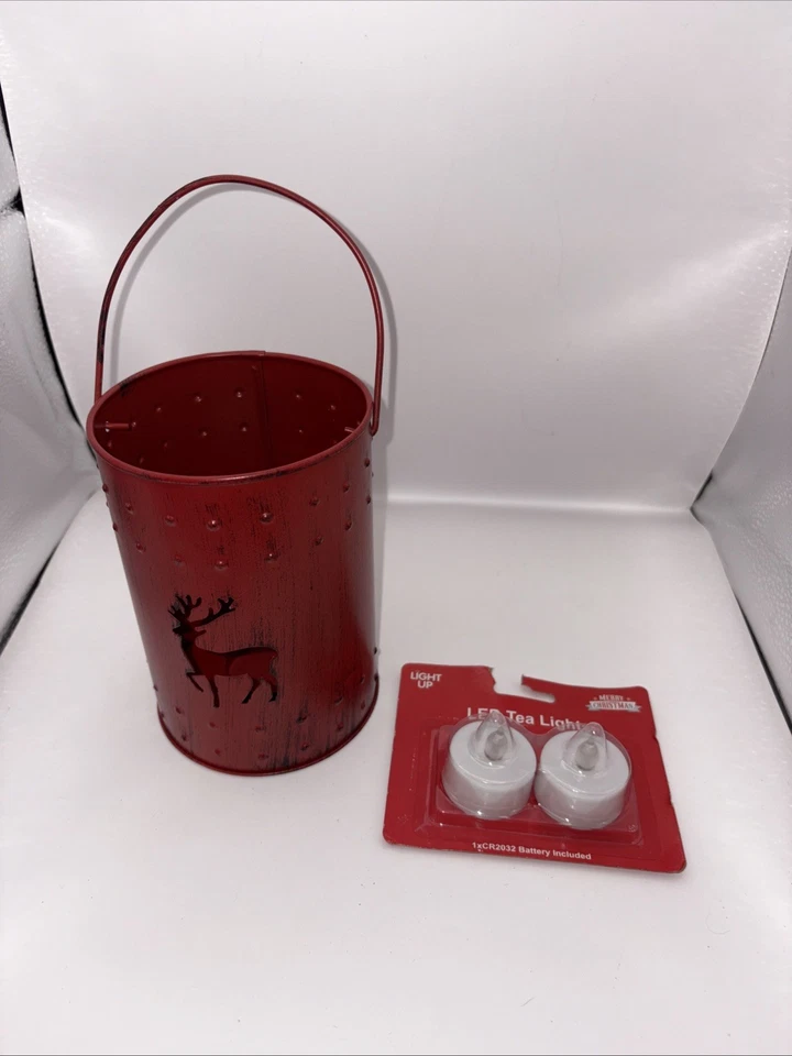 Lanterna vermelha renas com luzes LED de metal - Imagem 2 de 4