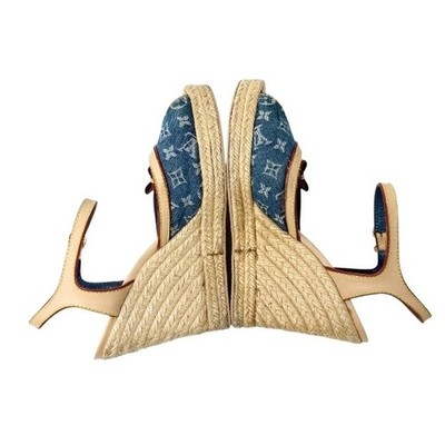 LOUIS VUITTON Vintage Logo Monogram Sandals Heels #36.5 Blue Beige