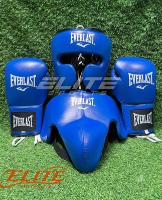 Everlast Boxing Sparring Set Boxing Gloves Headgear Groin Protector Blue Leather