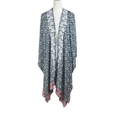 Karyn Seo L Silk Black White Pattern Open Front Embroidered Floral Trim Kimono