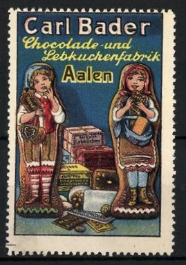 Reklamemarke Aalen, Carl Bader Chocolade- und Lebkuchenfabrik, Lebkuchen-Kinder 