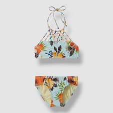 Hobie Girls Blue Floral Strappy Halter Two-Piece Bikini Swim Set Size 14