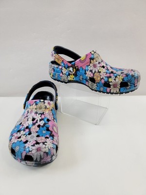 Crocs Retro Floral Pink Blue Purple Clog Womens 7 Mens 9 Outdoor Casual Slip-Ons