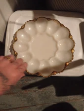 Vintage Anchor Hocking White Milk Glass Deviled Egg Platter Gold Rim 9"D
