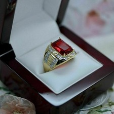5 CT Emerald Red Diamond Men's Wedding Pinky Ring 14K Yellow Gold Over Size N-V