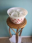 Vintage 1950s Hazel Atlas Polka Dot Milk Glass Large Punch Bowl & 8 Mugs Set