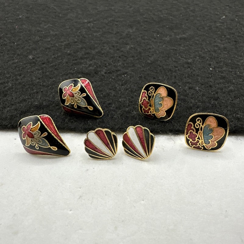 Vintage Cloisonné Enamel Earring LOT Gold Tone Pierced