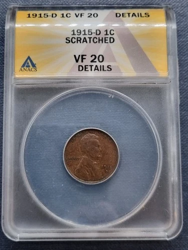 1915 D Lincoln Wheat Cent 1c ANACS VF20 Details #98567
