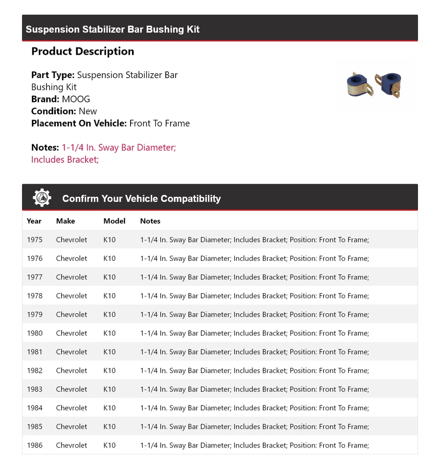 Kit de buje de barra estabilizadora de suspensión para Chevrolet K10 1975-1986 MOOG 1975 1976 Foto 2 de 4
