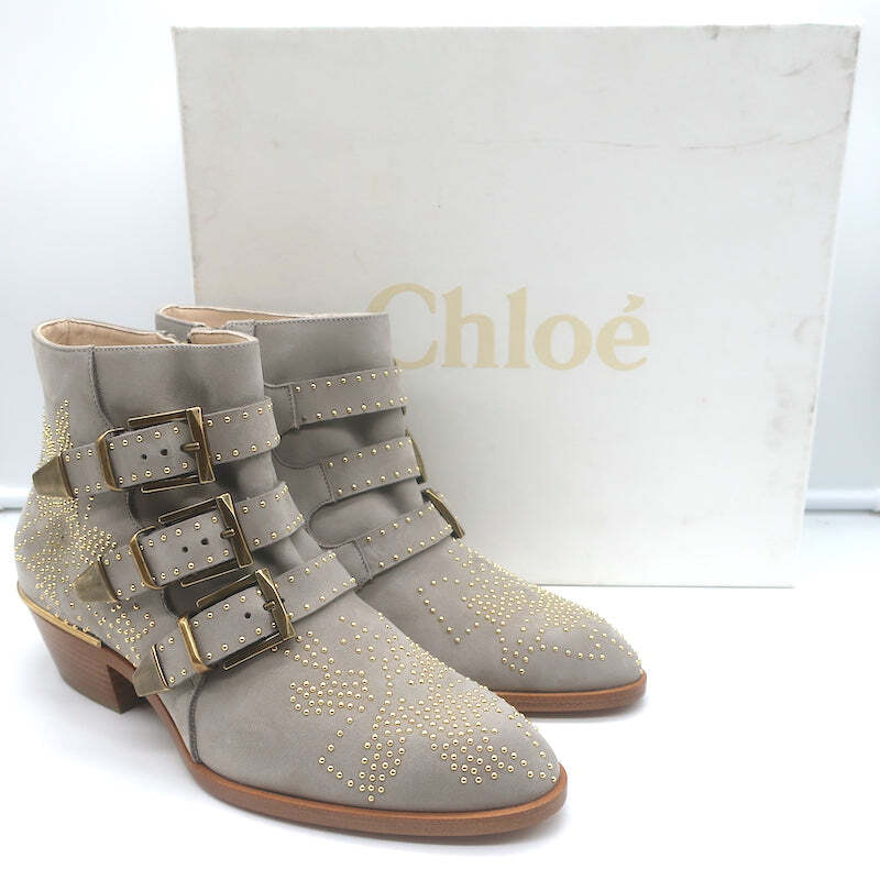 Chloe Susanna Studded Ankle Boots Ash Gray Suede Size 36 Buckle