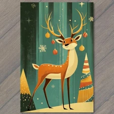 POSTCARD Christmas Reindeer Snowy Scene Festive Holiday Deer Lights Ornaments