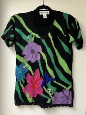 Vintage Victoria Harbour Embroidered Floral Sweater Small Short Sleeves