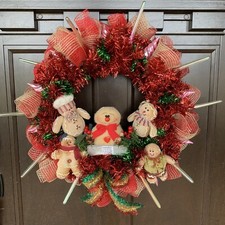 Tinsel Red Green Gingerbread Family Wreath 18" Handmade Holiday Christmas