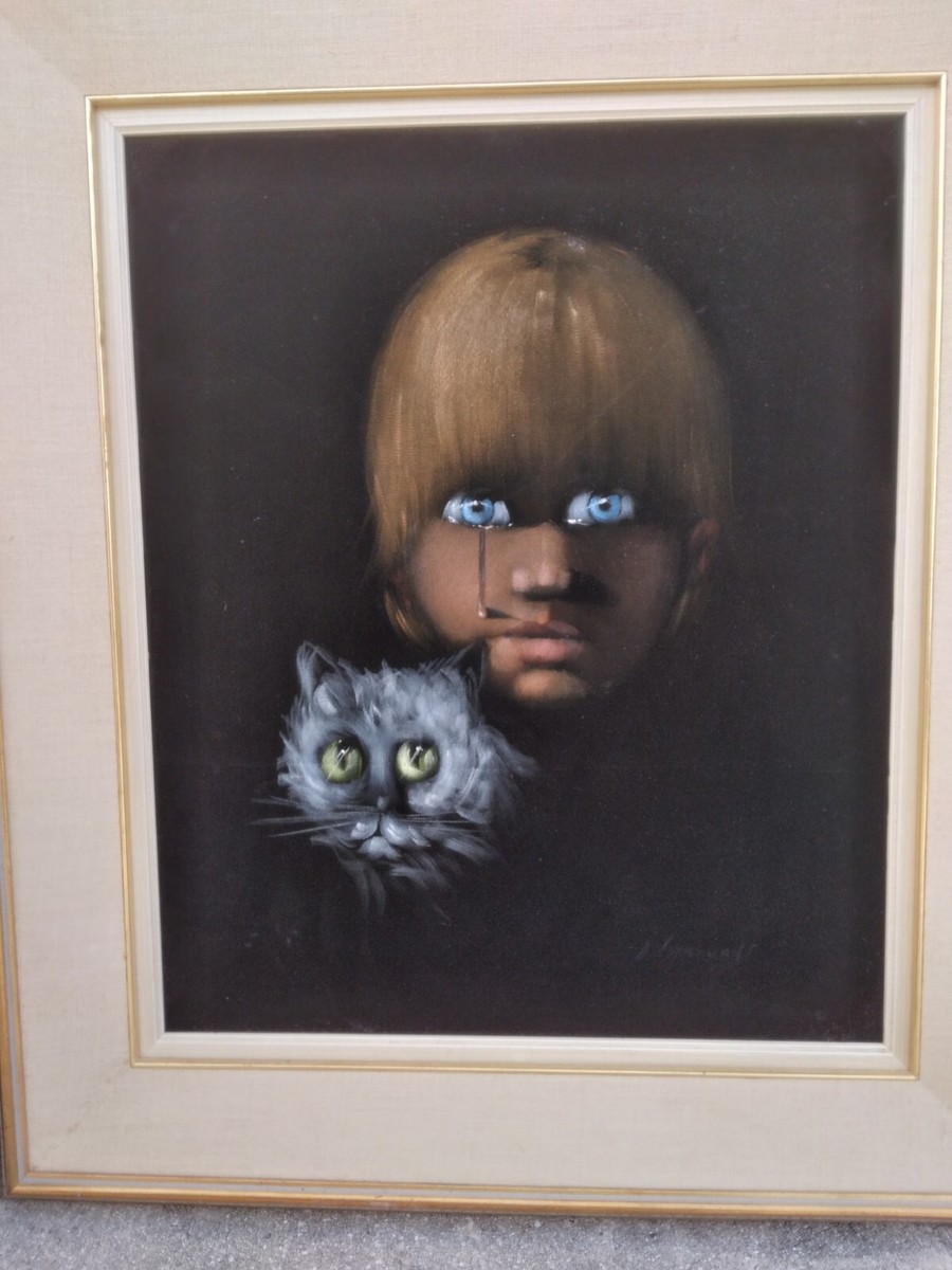 Big Eye Crying Boy With Crying Kitty Cat Original Signed Oil