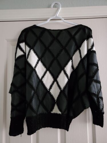 Vintage Leather Sweater Patchwork 80's Crochet Bl… - image 1