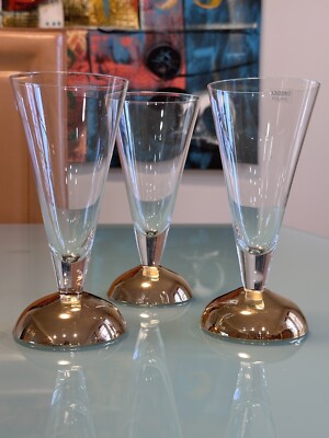 Set of 3 Unique Wine Glasses Krosno Poland Gold Convex Foot Art Deco