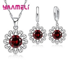 Sunflower Pendant Necklace Earrings - Red Stone 925 Serling Silver Jewelry Set