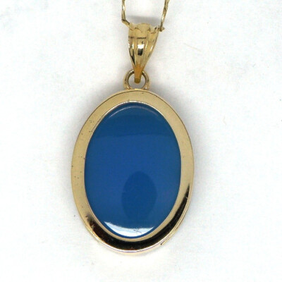 14k Yellow Gold Handmade Oval Blue Agate Pendant with 18'' Chain