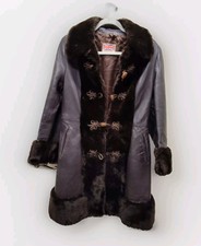 Vintage 1960s Mary Lane Coat Fur Collar Leather Long Jacket Made In England
