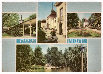 Postcard Staatsbad Bad Elster/Marienquelle, bathhouse, rose garden, gondola pond, 1965