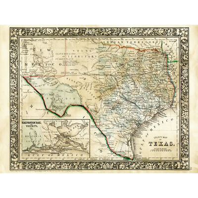 Mitchell 1860 Karte Texas County USA Staat riesiges Wandbild Poster Druck