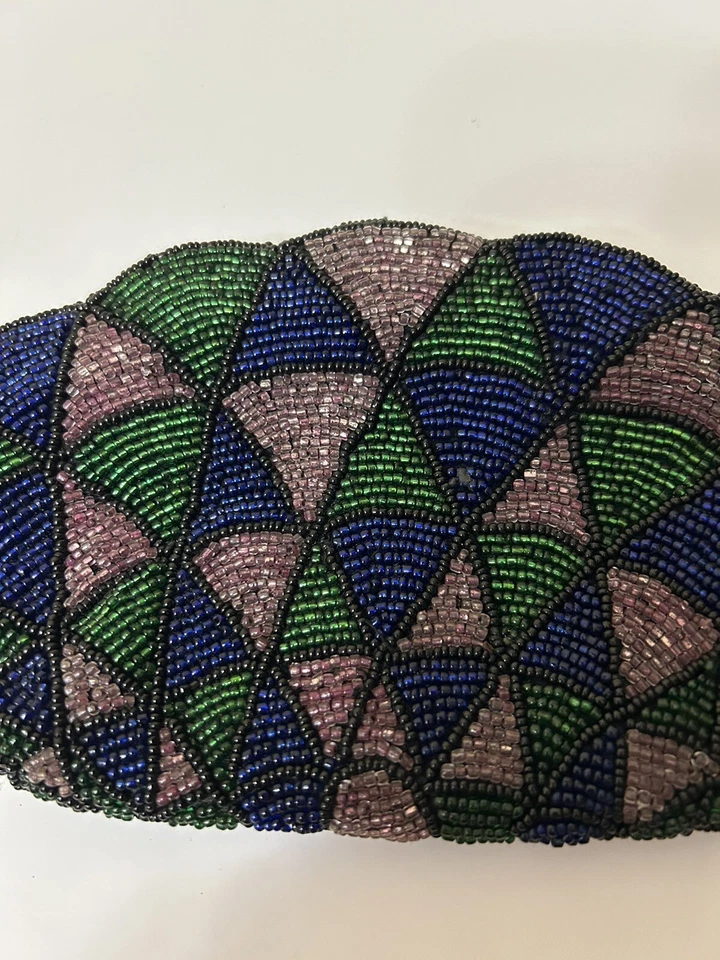 Vintage Neiman Marcus Beaded Purse Blue Green Silver Clutch Bag - Image 3 of 4