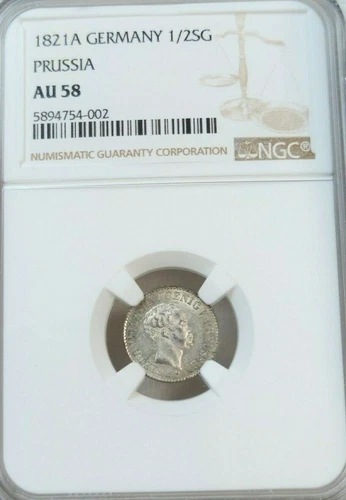 1821 GERMANY SILVER 1/2 GROSCHEN WILHELM III NGC AU 58 HIGH GRADE BEAUTIFUL COIN