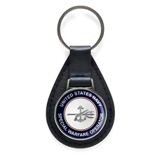 U.S. Navy Special Warfare Operator Black Leather Keychain Silver Keyring 