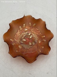 Vintage Frosted Orange Glass Acorn & Oak Leaf Round Scalloped Decorative Bowl