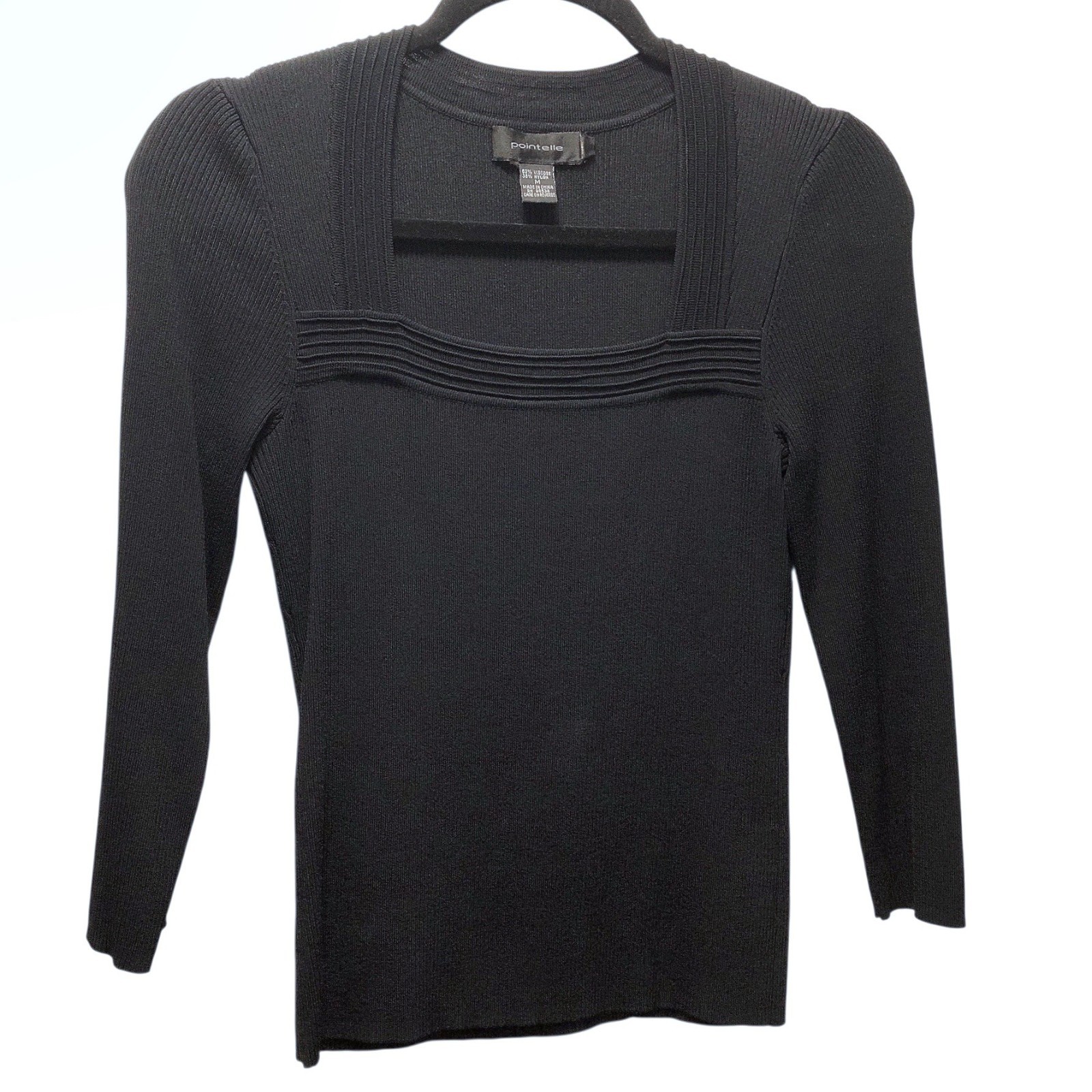 Pointelle Solid Black Square Neckline Ribbed Long… - image 1