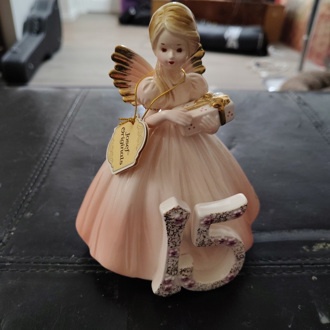 Josef Originals Figurine 15 Years Birthday Angel Girl Pink Dress Umbrella