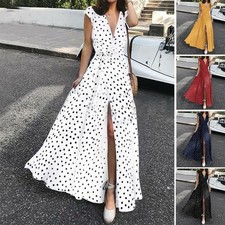 Short Sleeve V-Neck Maxi Dress with Polka Dot Pattern for Women Summer Fashion