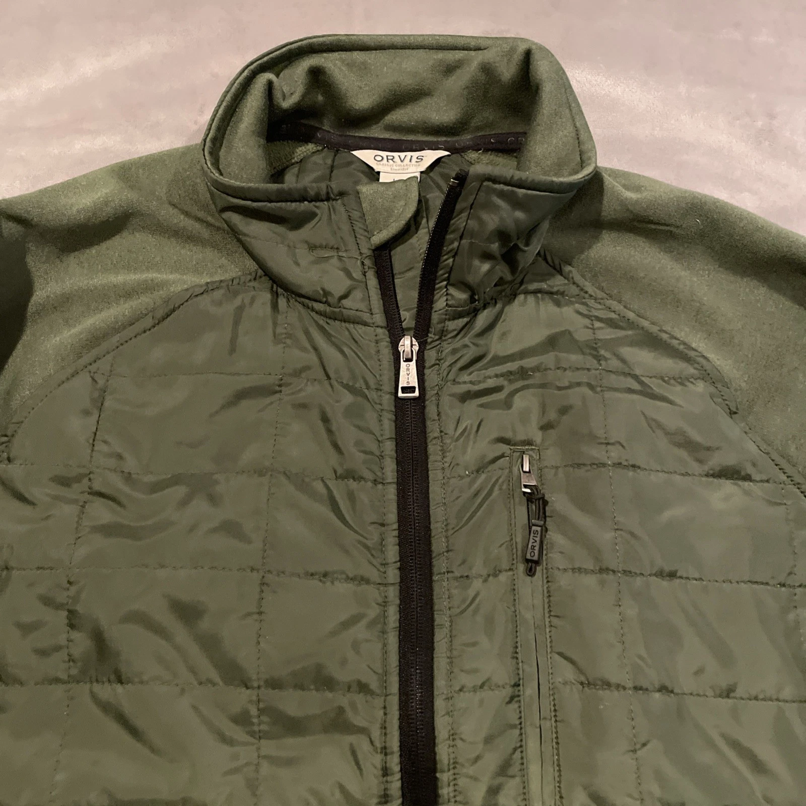 Orvis Mens Large Jacket Lightweight Windbreaker Quilt Green Zip Up Pockets 63