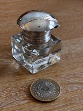Antique sterling silver square bevelled glass inkwell (Hallmarked)