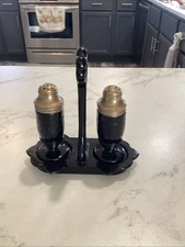 Vintage Hazel Atlas Black Footed Salt & Pepper Shakers W/ Holder