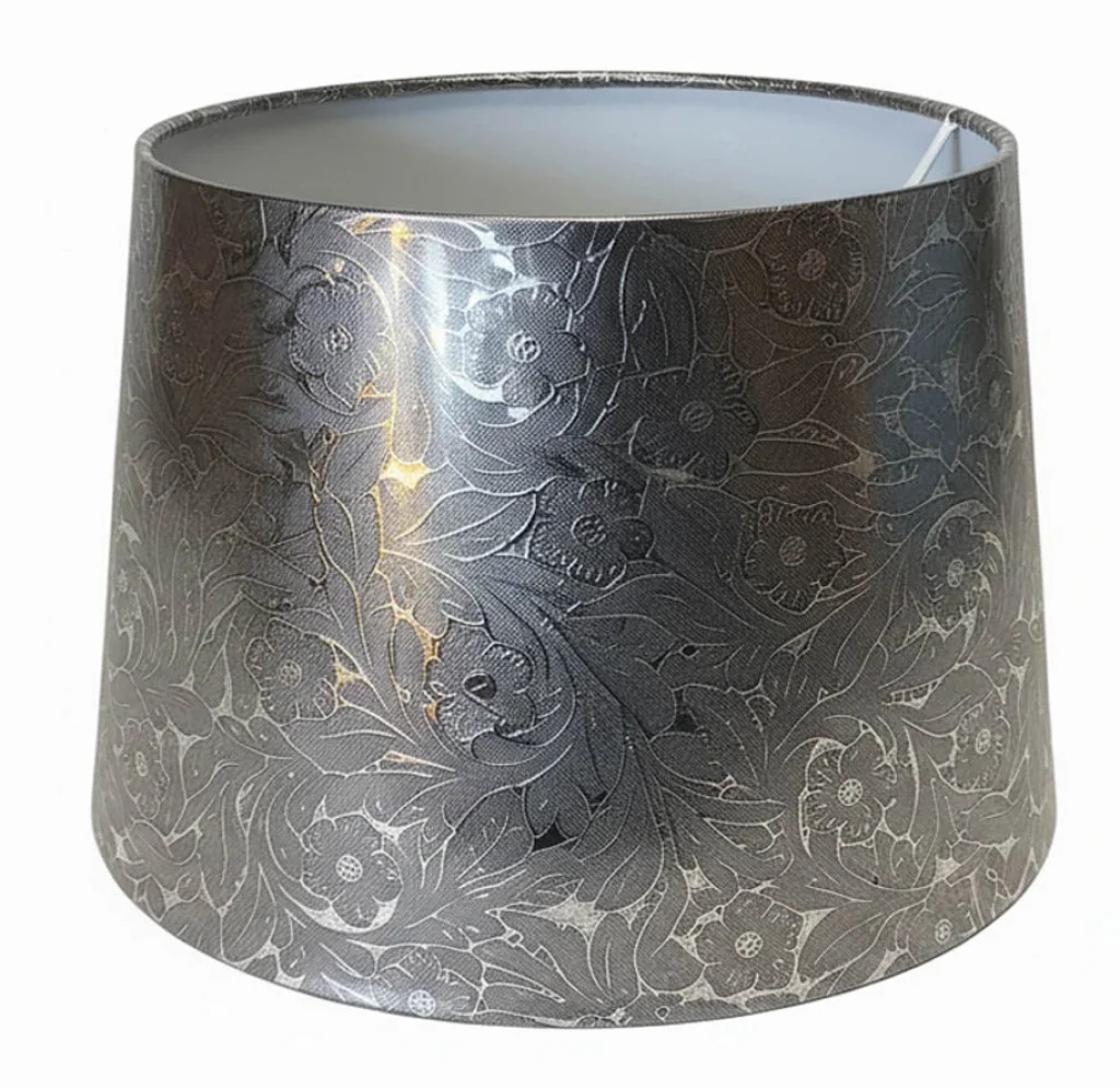 Lampshade Silver 10"" Dark Foil Flowers Cotton Tapered Drum 250mm CT Lighting