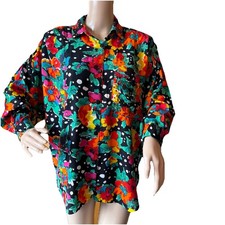 Vintage 80s Bright Colors Sequins Button Blouse Top Floral Size M Oversized