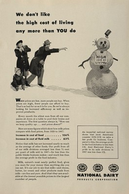 1948 National Dairy Products Corporation Print Ad  High Cost of Living  Snowman