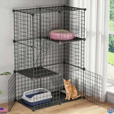 3-Tier Cat Cage - DIY Indoor Playpen, Removable Metal Kennel with 3 Doors &