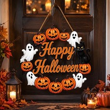 Happy Halloween Pumpkin Ghost Cat Door Hanging Sign Fall Front Porch Decor