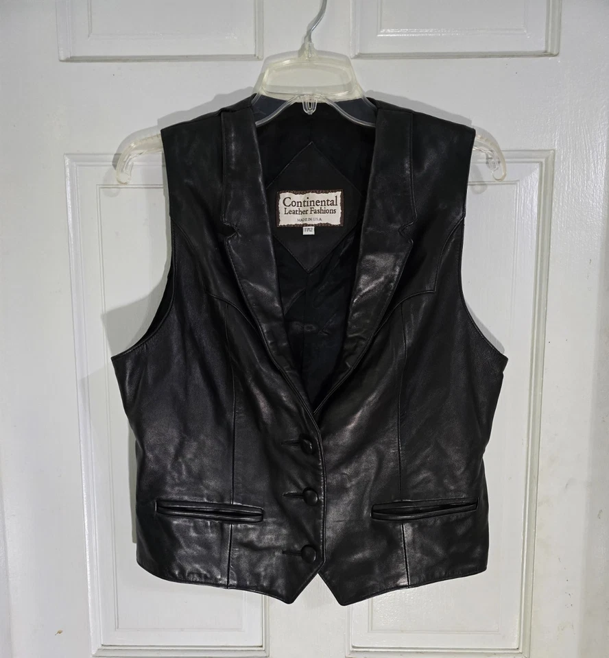 Женский черный кожаный жилет Continental Leather Fashions на пуговицах спереди размер 11/12 - Изображение 3 из 4